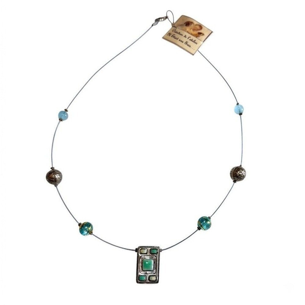 Vtg French Artisan Floating Wire Necklace Il Etait Une Soie Green Pendant 16"